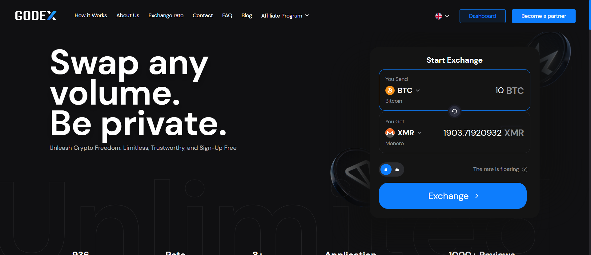 Godex.io non-custodial swap interface showing 10 BTC converting to 1,903 XMR at floating rate — no account or registration required.