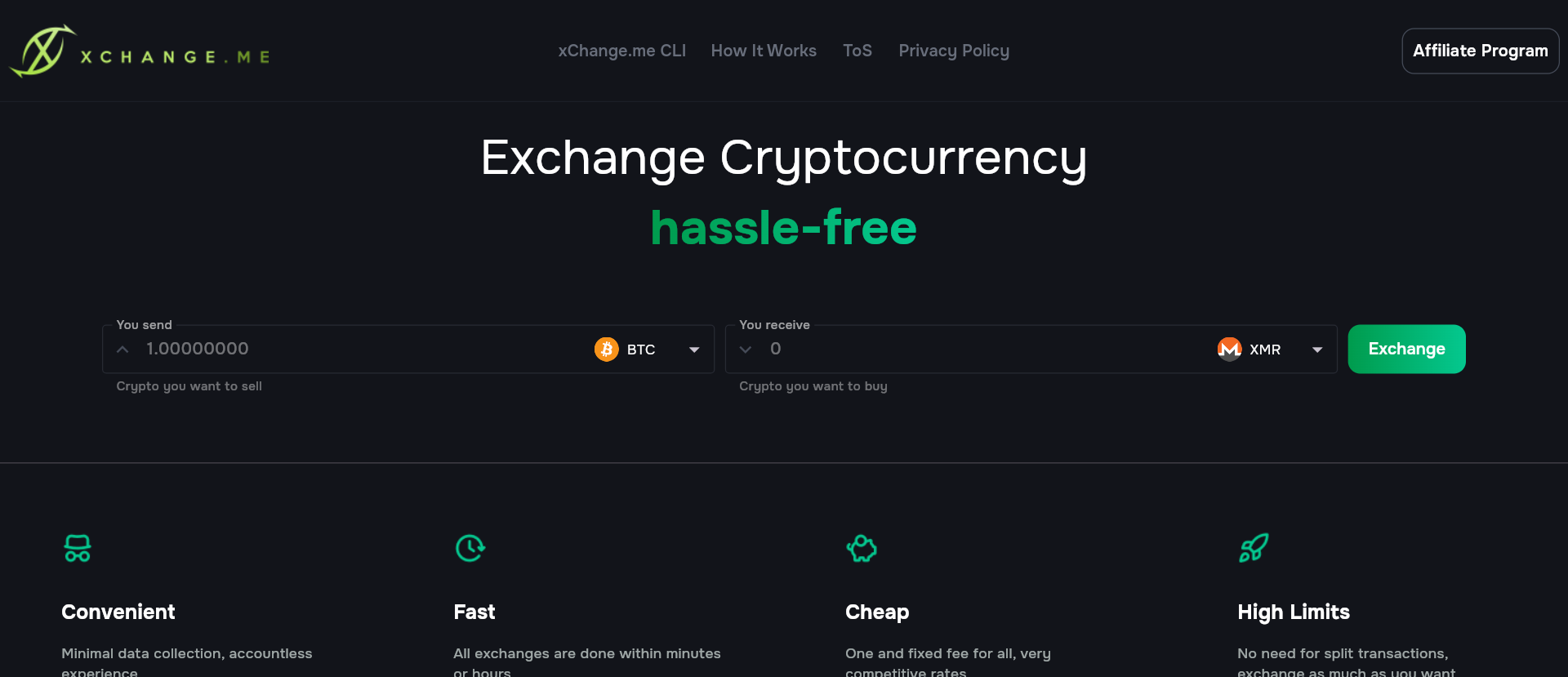 Xchange.me no-registration crypto exchange showing BTC to XMR swap widget with accountless, fast, cheap, and high-limit features.
