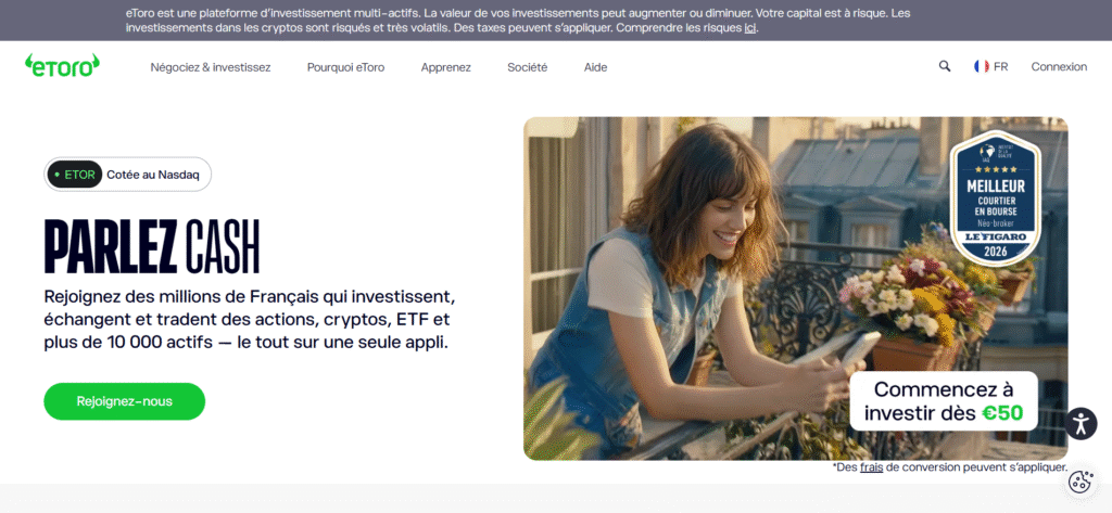 Page d'accueil d'eToro en français — plateforme multi-actifs cotée au Nasdaq, élu meilleur courtier en bourse 2026 par Le Figaro.