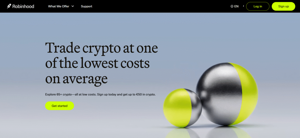 Robinhood crypto trading page promoting low-cost access to 65+ cryptocurrencies with "Trade crypto at one of the lowest costs on average" headline.