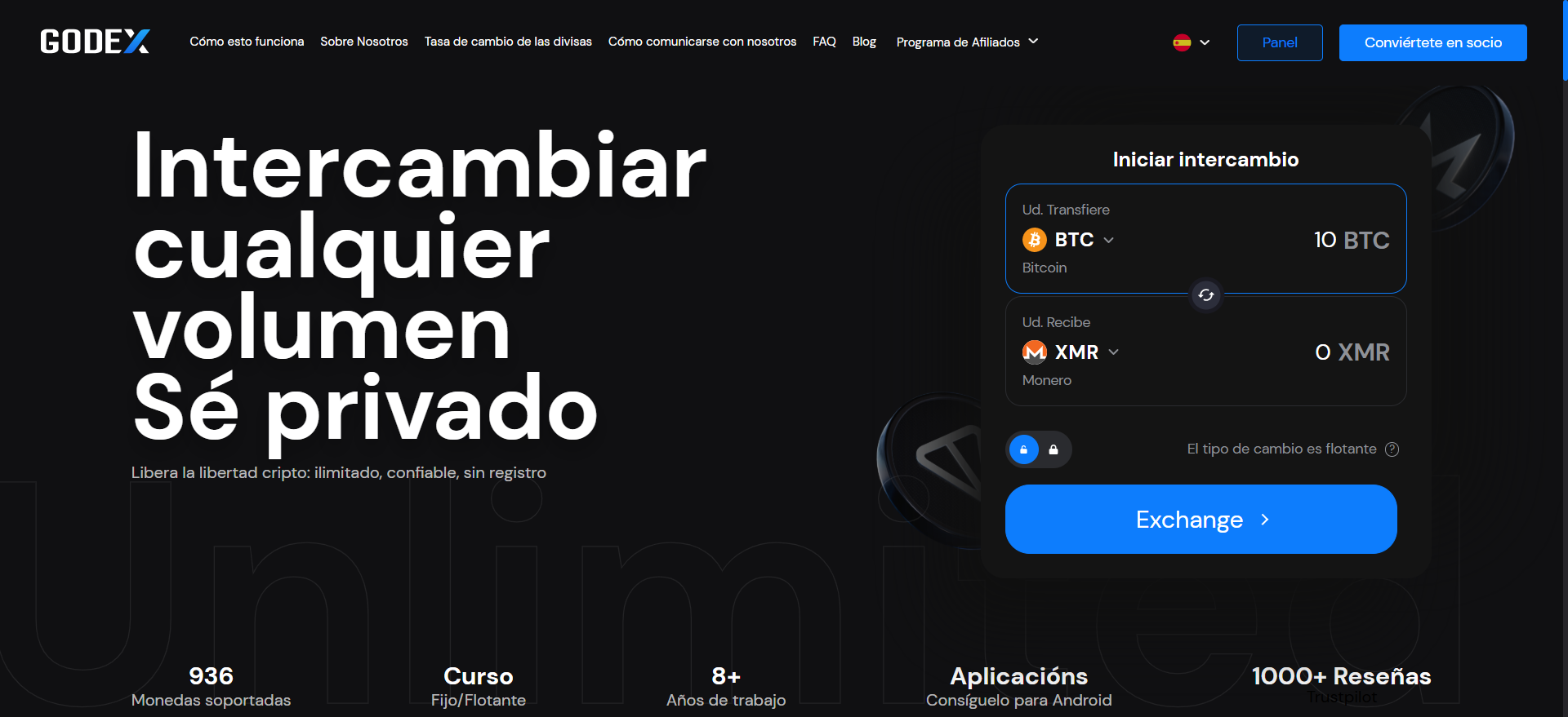 Godex en español: intercambio privado de BTC a XMR sin registro, con 936 monedas soportadas, tasas fija y flotante, y más de 8 años de operaciones sin KYC.