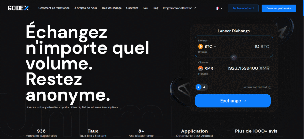 Interface de Godex en français — échange BTC vers XMR, taux fixe et flottant, sans inscription.