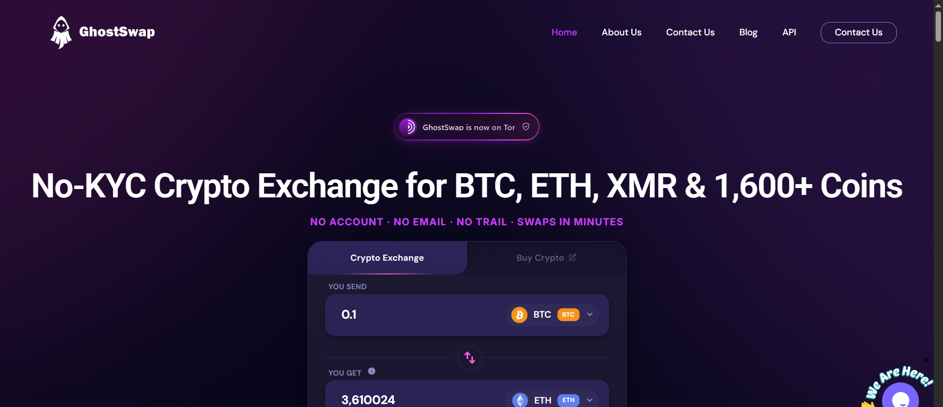 GhostSwap no-KYC exchange homepage showing BTC to ETH swap interface, 1,600+ supported coins, and Tor network availability for anonymous trading