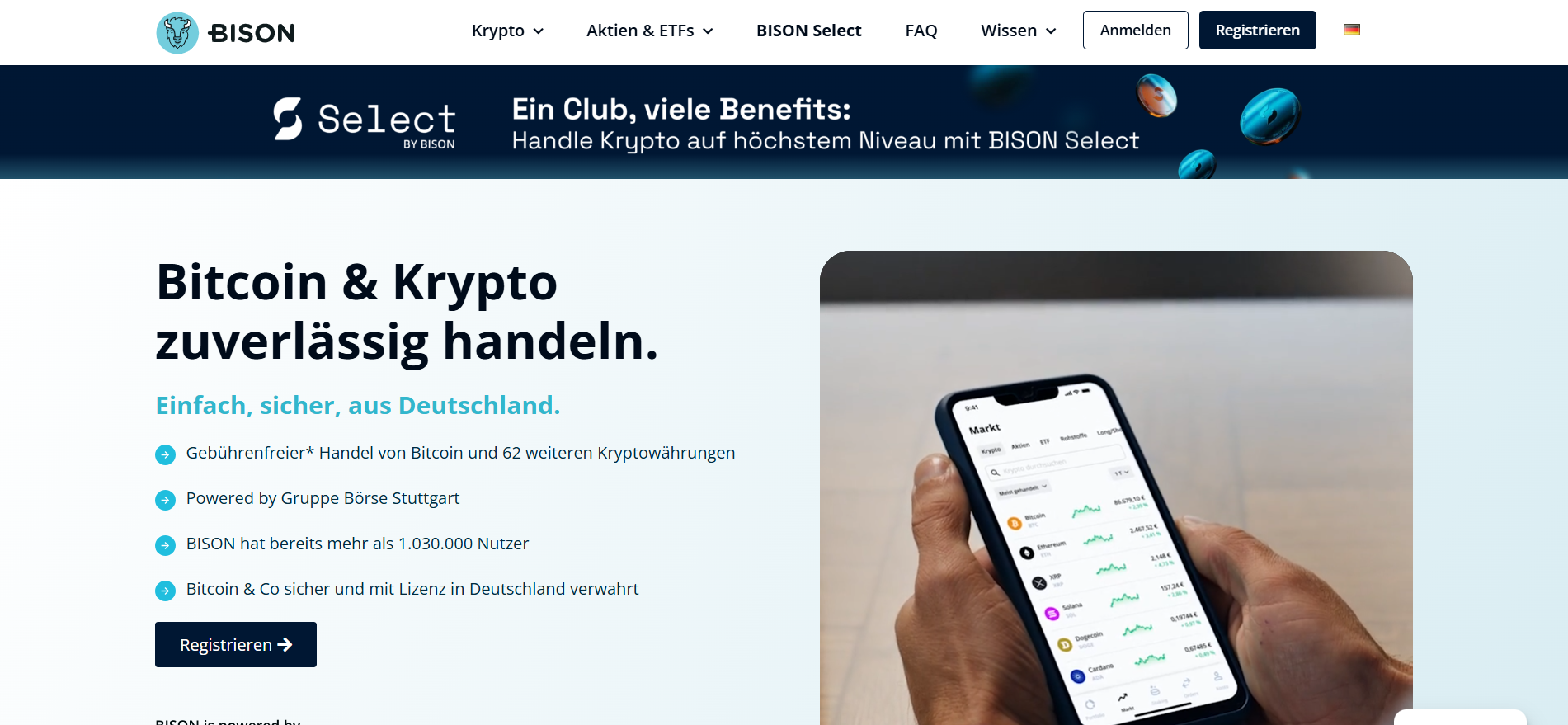 BISON App Börse Stuttgart: Bitcoin und 62 weitere Kryptowährungen zuverlässig handeln, BaFin MiCAR-Lizenz, über 1 Million Nutzer, einfach sicher aus Deutschland.