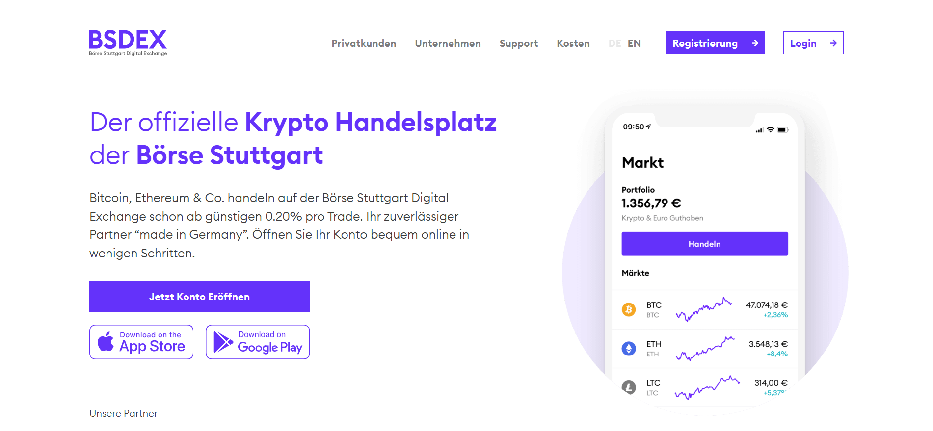 BSDEX Börse Stuttgart Digital Exchange: offizieller Krypto-Handelsplatz der Börse Stuttgart, Bitcoin und Ethereum ab 0,20 % Gebühr, BaFin-reguliert, made in Germany.
