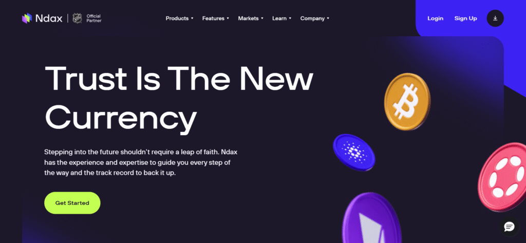 NDAX (National Digital Asset Exchange) homepage with the tagline "Trust Is The New Currency" and the NHL Official Partner badge, reflecting the Calgary-based platform's positioning as a regulated Canadian exchange.