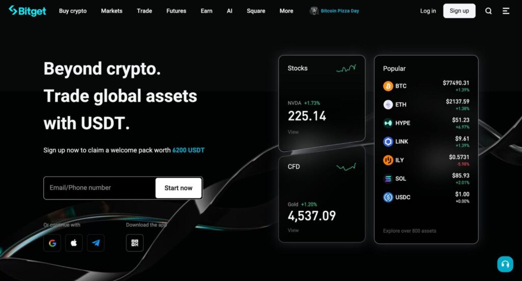 Bitget cryptocurrency exchange homepage showing live BTC, ETH and SOL prices, tokenized stocks and gold CFD trading, and a 6200 USDT welcome pack offer — 800+ tradable assets with monthly Proof of Reserves