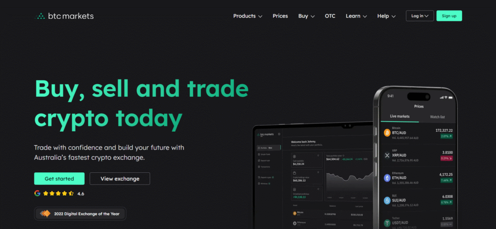 BTC Markets Australian crypto exchange interface showing live AUD trading pairs including BTC, XRP, ETH and SUI on mobile and desktop.