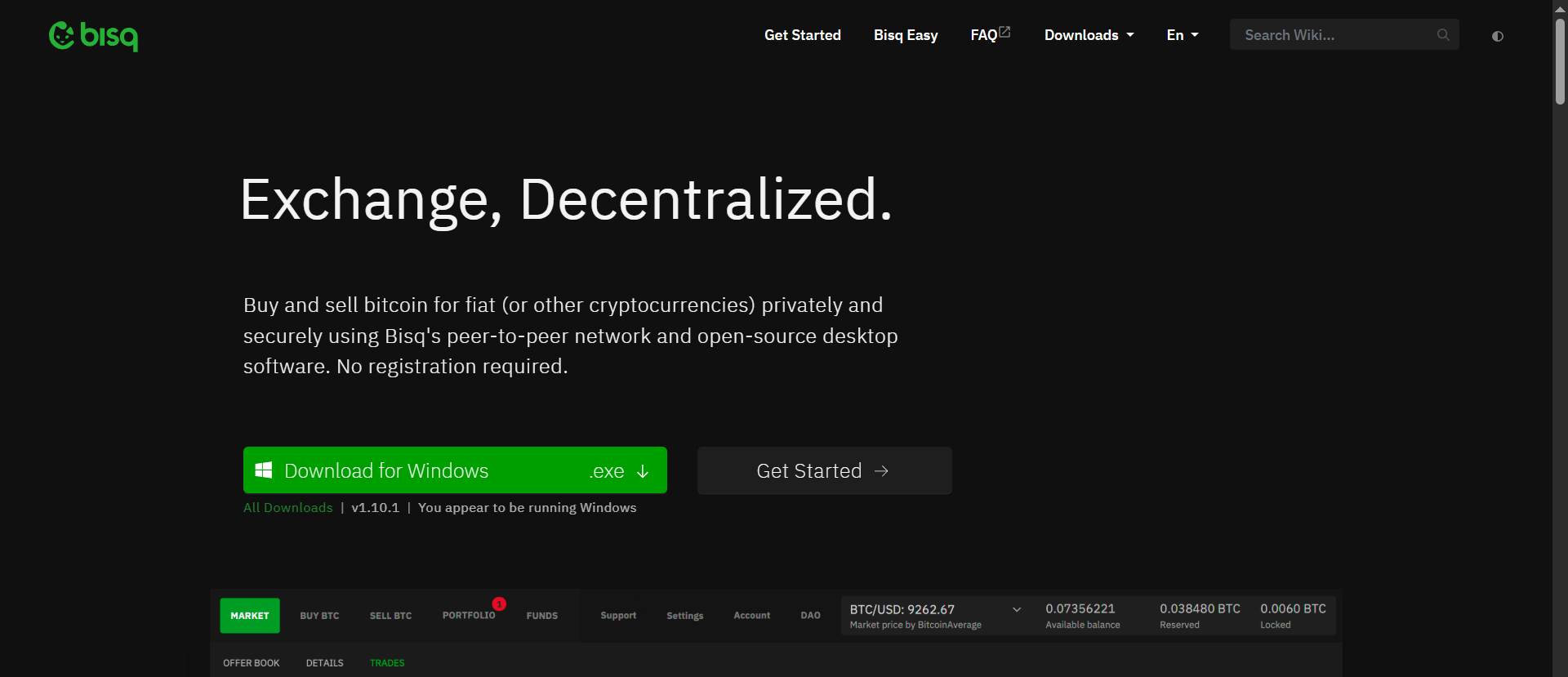 Bisq open-source decentralized exchange desktop app homepage showing P2P Bitcoin and XMR trading interface with no-registration policy and live BTC/USD order book.