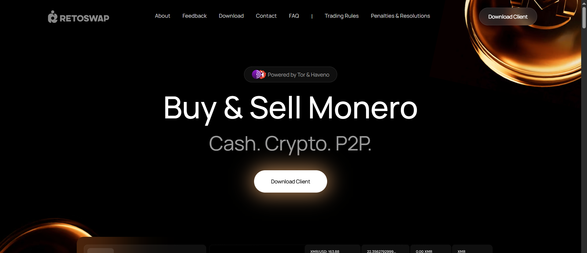 RetoSwap P2P Monero exchange homepage showing "Buy & Sell Monero" tagline, powered by Tor and Haveno, with live XMR/USD price ticker.