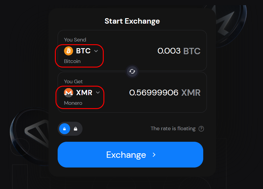 Godex Start Exchange widget with BTC selected as the send currency and XMR as the receive currency, showing a live BTC to Monero swap rate.