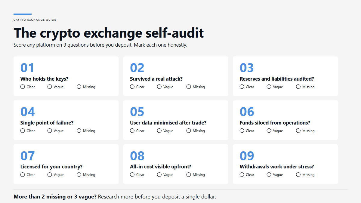 Self-audit scorecard with 9 numbered questions for evaluating a crypto exchange — covering custody, attack history, audited reserves and liabilities, single point of failure, data handling, fund segregation, jurisdictional licensing, all-in cost, and withdrawal reliability — each rated Clear, Vague, or Missing.