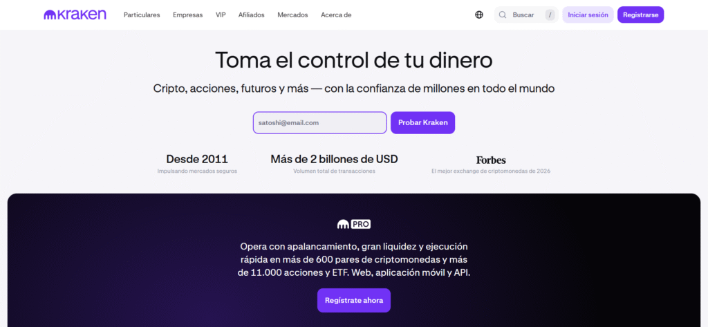 Kraken exchange fundado en 2011, con más de 2 billones de USD en volumen total y distinción Forbes como mejor exchange de criptomonedas de 2026.