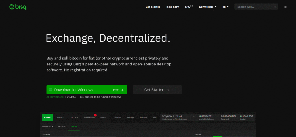 Bisq decentralized exchange homepage showing "Exchange, Decentralized." tagline, no-registration P2P Bitcoin trading, and desktop app download button.