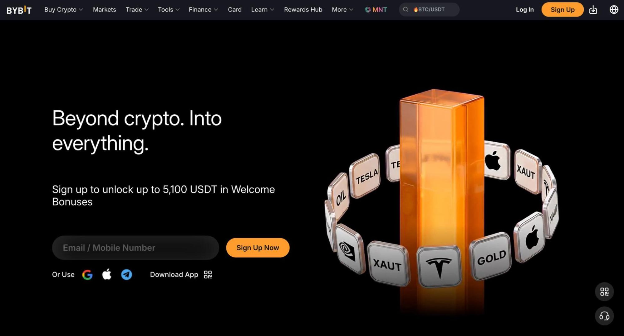 Bybit exchange homepage showing "Beyond crypto. Into everything." with a welcome bonus offer of up to 5,100 USDT and a product carousel featuring tokenized stocks, gold, and crypto — MiCA CASP licensed by Austria's FMA, offering spot and derivatives trading for EU users