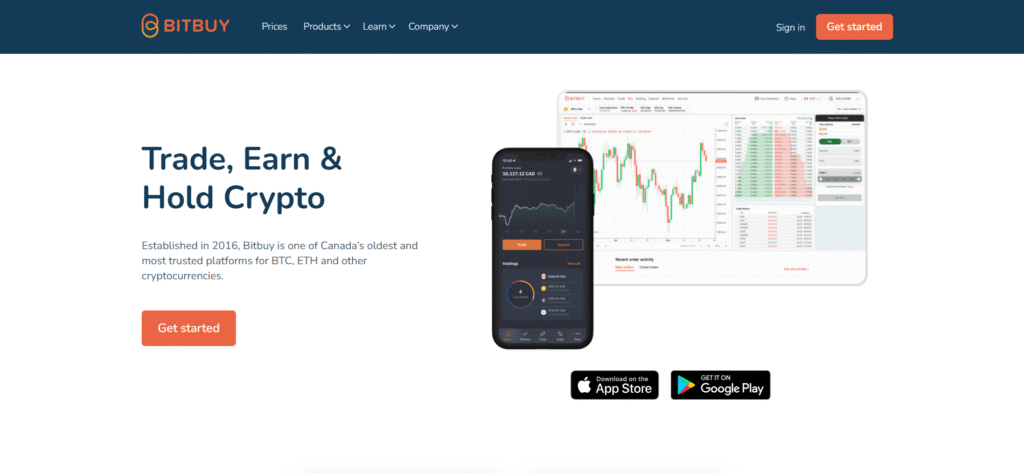 Bitbuy platform screenshot showing the Pro Trade terminal on desktop alongside the mobile app interface, with a CAD portfolio balance displayed — Bitbuy is one of Canada's longest-running regulated crypto exchanges, established in 2016.