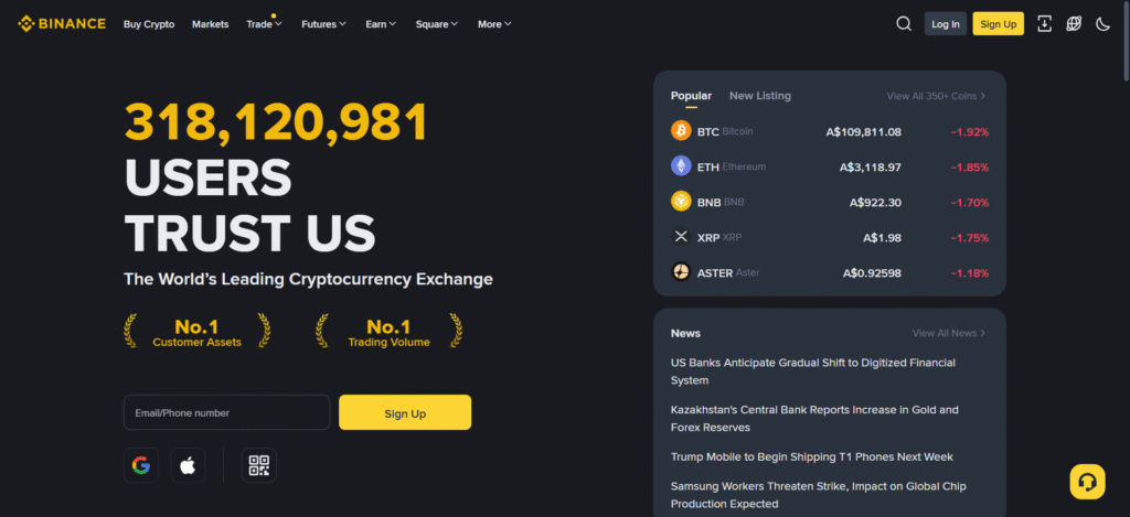 Binance Australia homepage showing 318 million users and AUD cryptocurrency prices for BTC, ETH, BNB and XRP.
