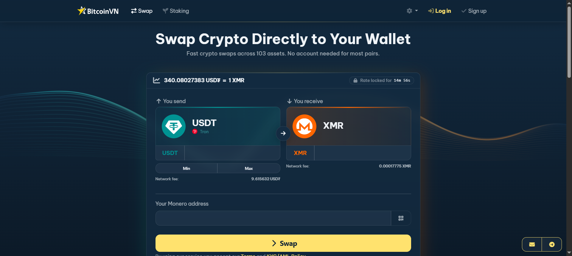 BitcoinVN swap interface showing a USDT to XMR exchange across 103 assets with no account required, displaying network fee breakdown and Monero recipient address field.