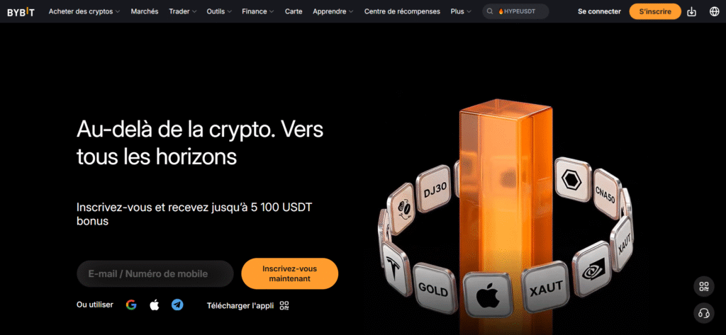 Page d'accueil de Bybit en français — exchange crypto avec bonus d'inscription jusqu'à 5 100 USDT.