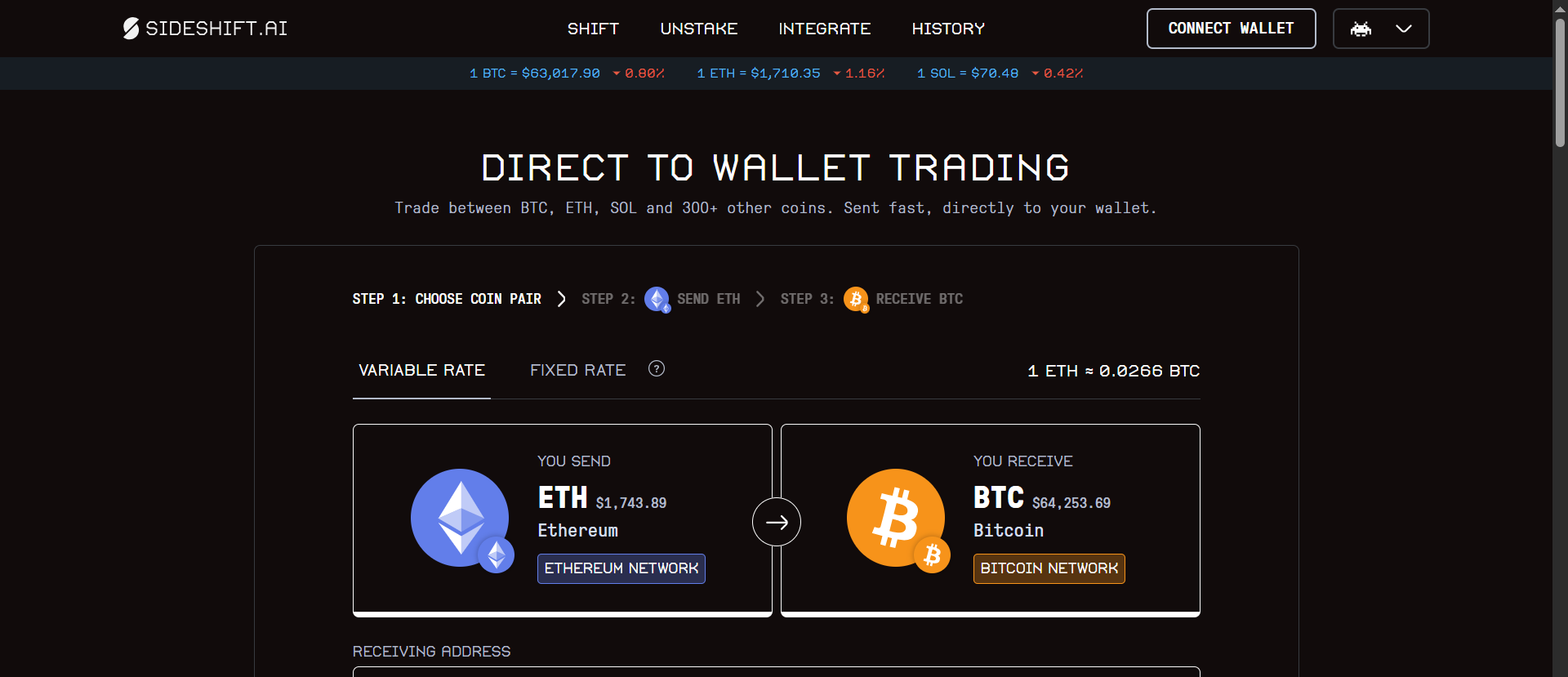 SideShift.ai direct-to-wallet crypto swap interface showing ETH to BTC conversion at variable rate with no account required and live price of 1 ETH ≈ 0.0266 BTC.