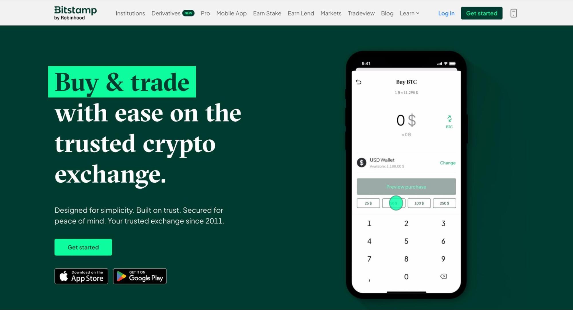 Bitstamp by Robinhood exchange homepage showing "Buy & trade with ease on the trusted crypto exchange" with a mobile BTC purchase interface and USD wallet — Europe's oldest crypto exchange, MiCA CASP authorized through Luxembourg since 2011