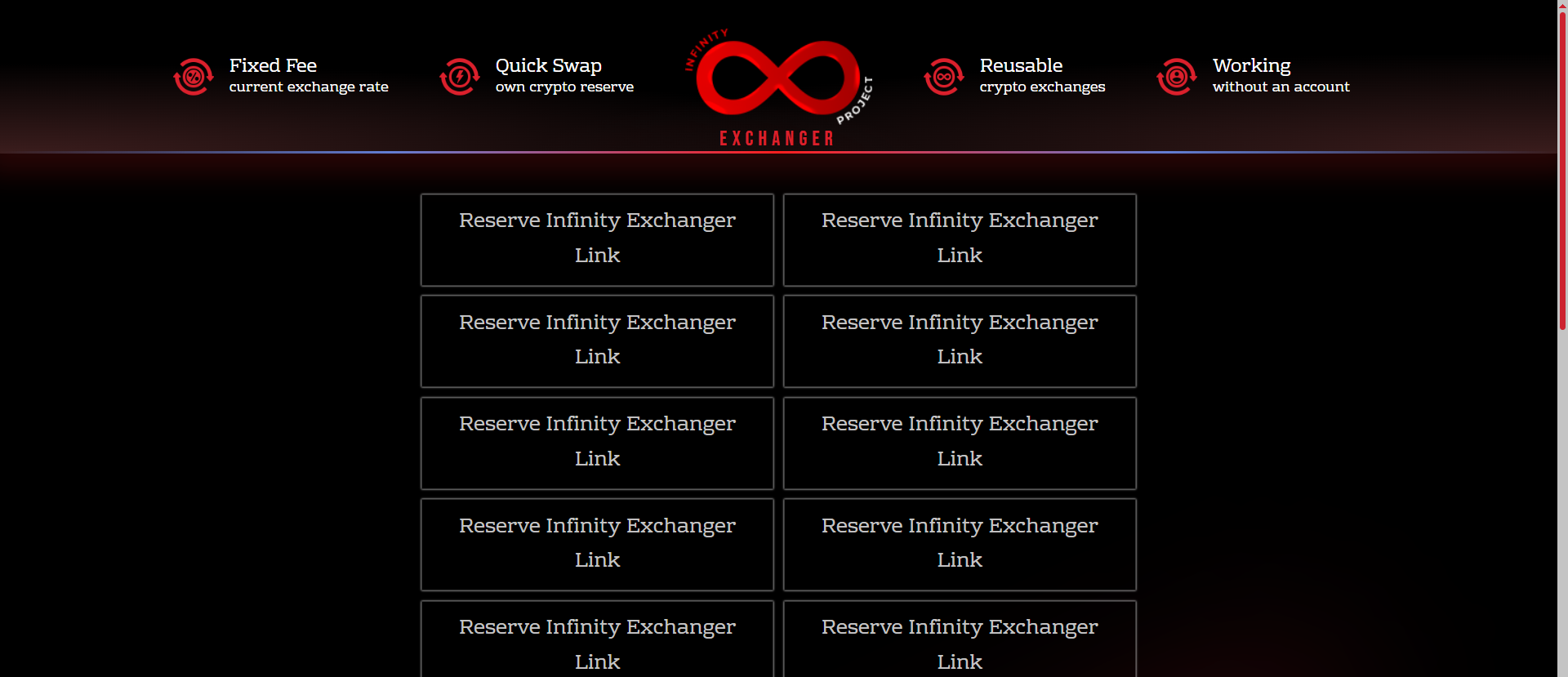 Infinity Exchanger clearnet rotation page with fixed-fee, no-account, and own-reserve feature icons, displaying a grid of active mirror links for the crypto swap service.