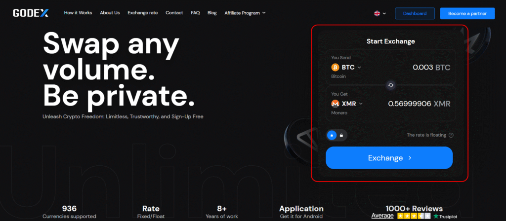 Godex homepage showing a BTC to XMR swap widget with the tagline "Swap any volume. Be private." and no account registration required.