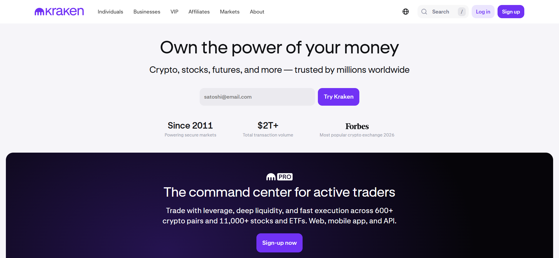 Kraken Krypto-Börse seit 2011: über 2 Billionen Dollar Transaktionsvolumen, 600+ Krypto-Paare, Forbes Most Popular Crypto Exchange 2026, Kraken Pro für aktive Trader.