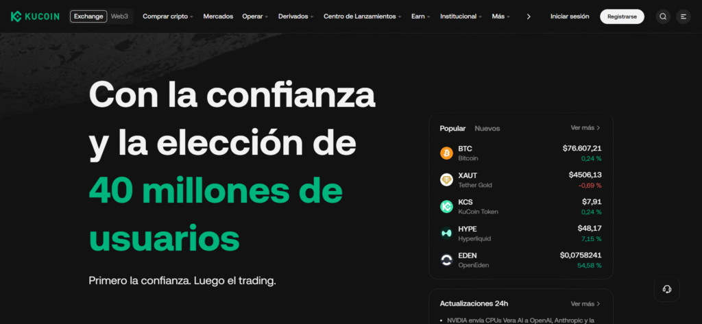 KuCoin exchange con 40 millones de usuarios: trading de BTC, altcoins emergentes como HYPE y EDEN, y acceso a tokens de pequeña capitalización.
