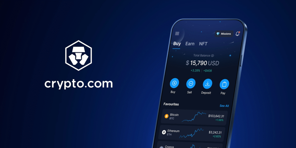 Crypto.com mobile app interface showing a $15,790 portfolio balance with Buy, Sell, Deposit, and Pay options, alongside Bitcoin at $103,642 and Ethereum at $3,242.