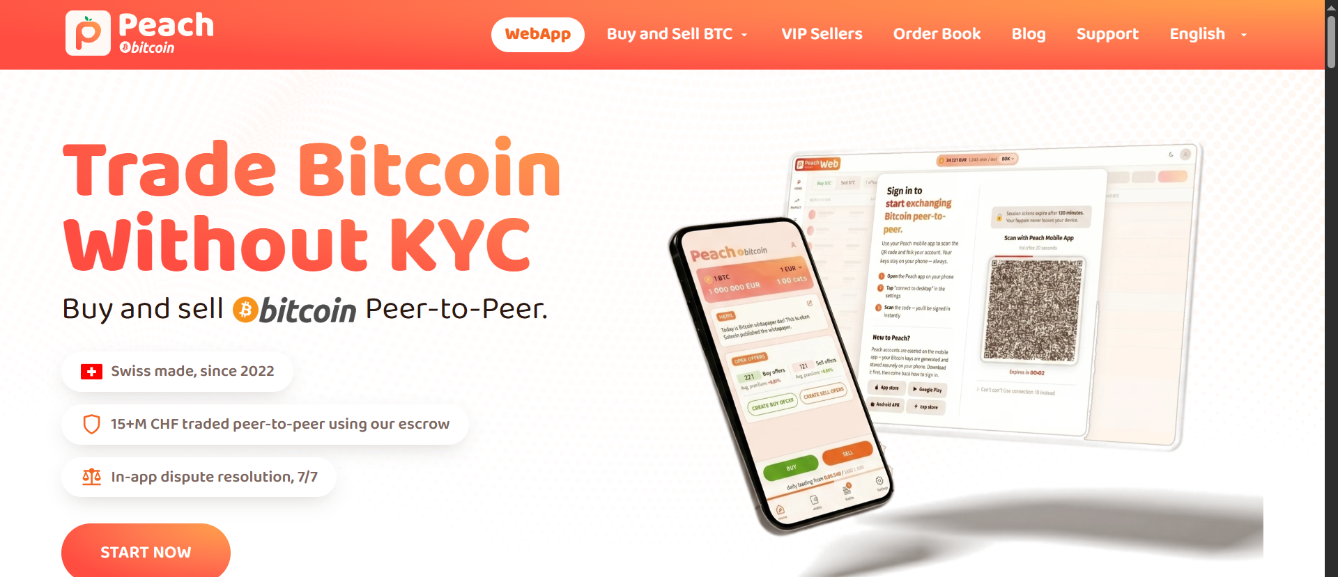 Peach Bitcoin no-KYC peer-to-peer app homepage for buying Bitcoin without ID verification — Swiss-made since 2022 with 15M+ CHF traded via multisig escrow.