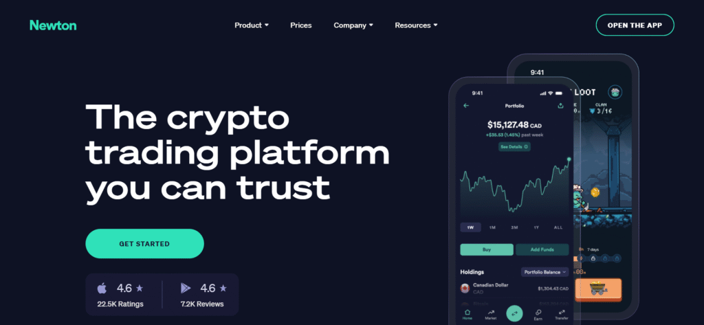 Newton crypto exchange app interface displaying a CAD-denominated portfolio with a live price chart, alongside app store ratings of 4.6 stars from over 22,000 iOS reviews and 7,200 Android reviews.