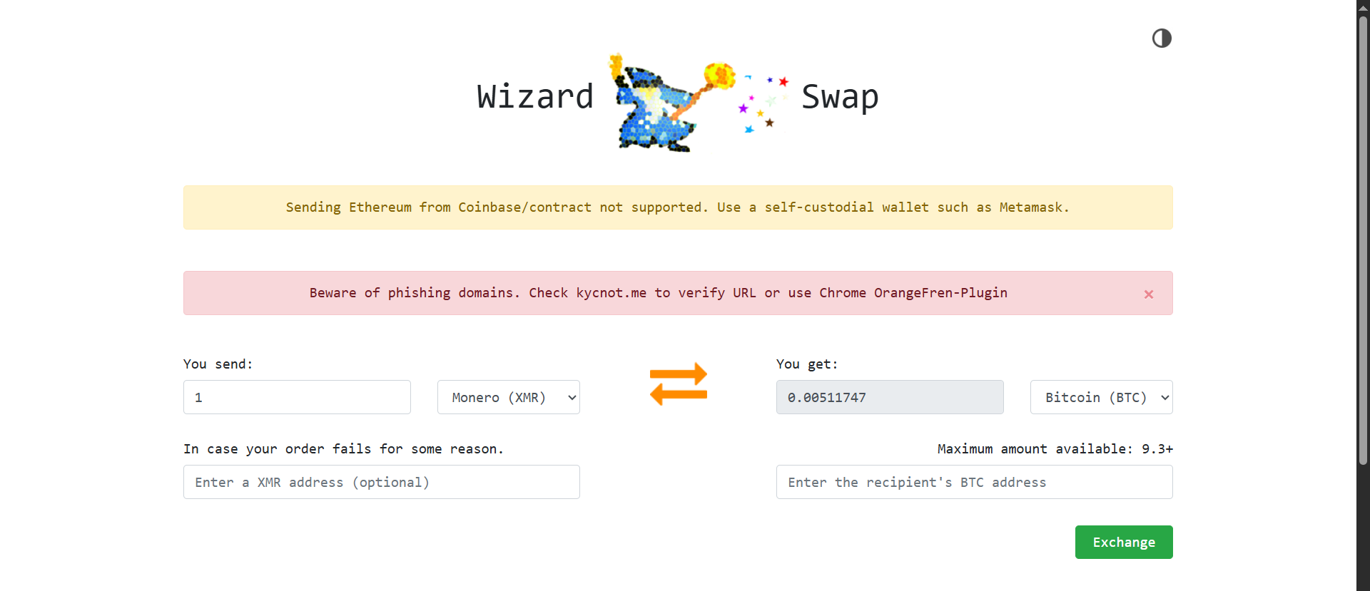 WizardSwap exchange interface showing a 1 XMR to 0.00511747 BTC swap form with no registration fields, anti-phishing warning banner, and self-custodial wallet requirement notice.