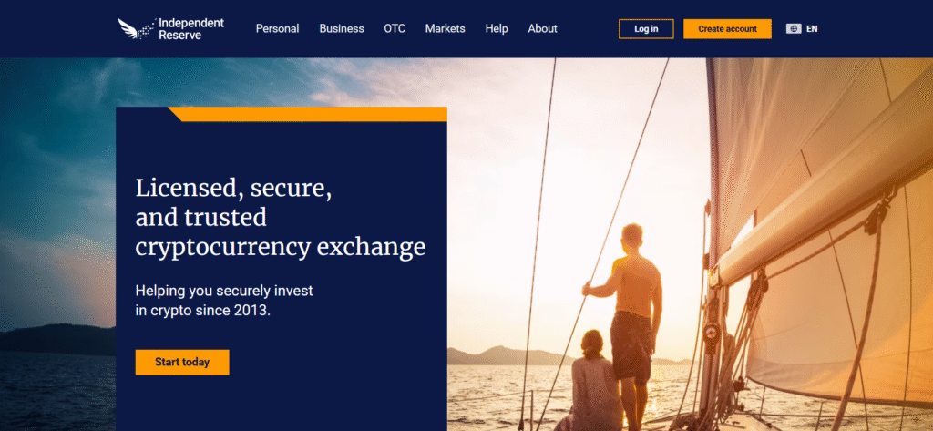 Independent Reserve Australian cryptocurrency exchange homepage describing itself as a licensed, secure and trusted exchange helping investors since 2013.