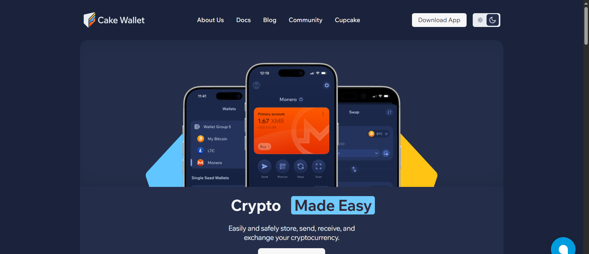 Cake Wallet mobile app homepage showing Monero wallet balance of 1.67 XMR and built-in BTC to XMR swap screen across three iPhone mockups.