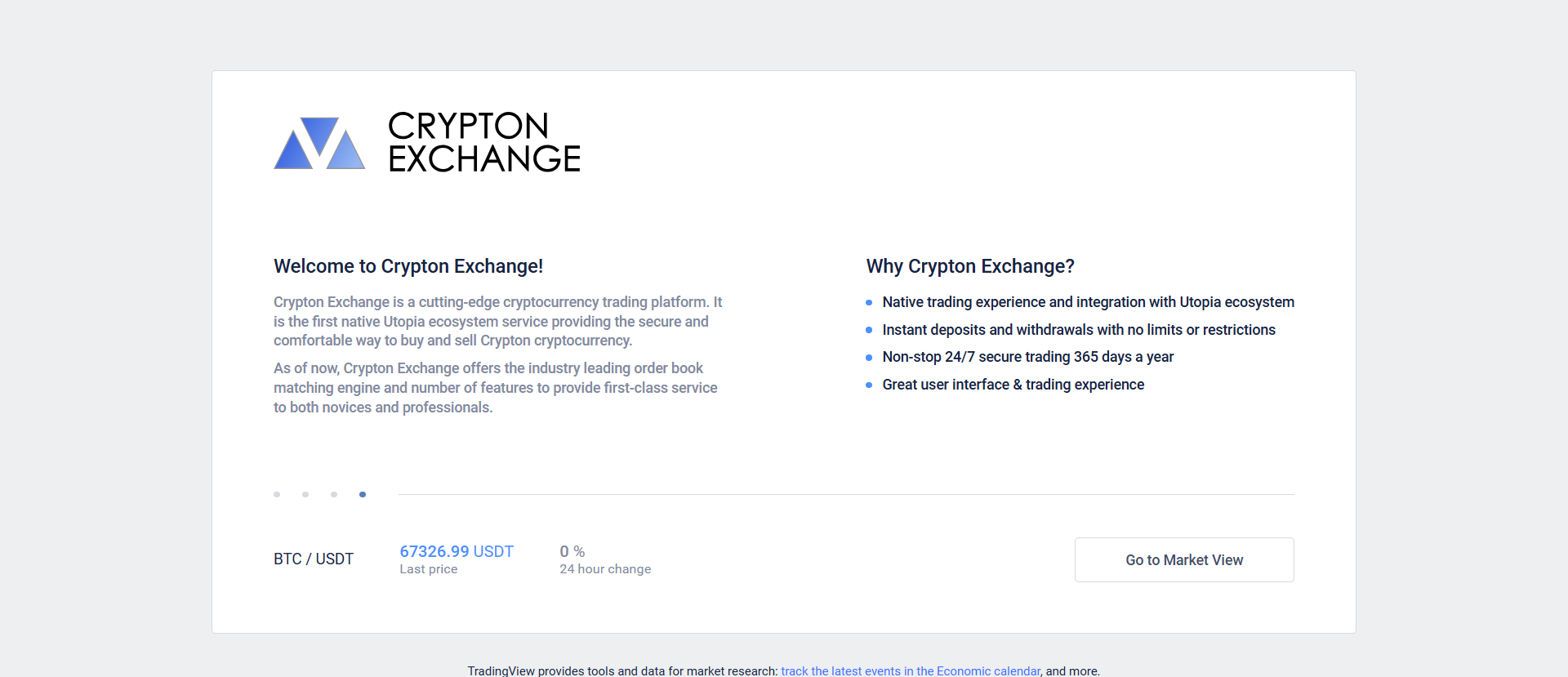 Crypton Exchange homepage — privacy-native order book exchange in the Utopia ecosystem with BTC/USDT trading and no mandatory registration.