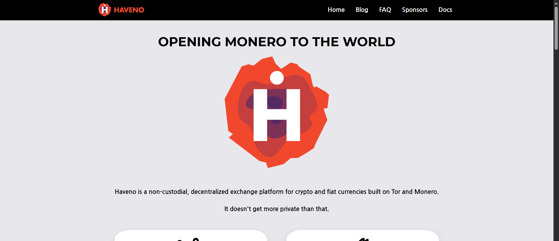 Haveno decentralized Monero exchange homepage with headline "Opening Monero to the World" describing a non-custodial XMR platform built on Tor with no central operator.