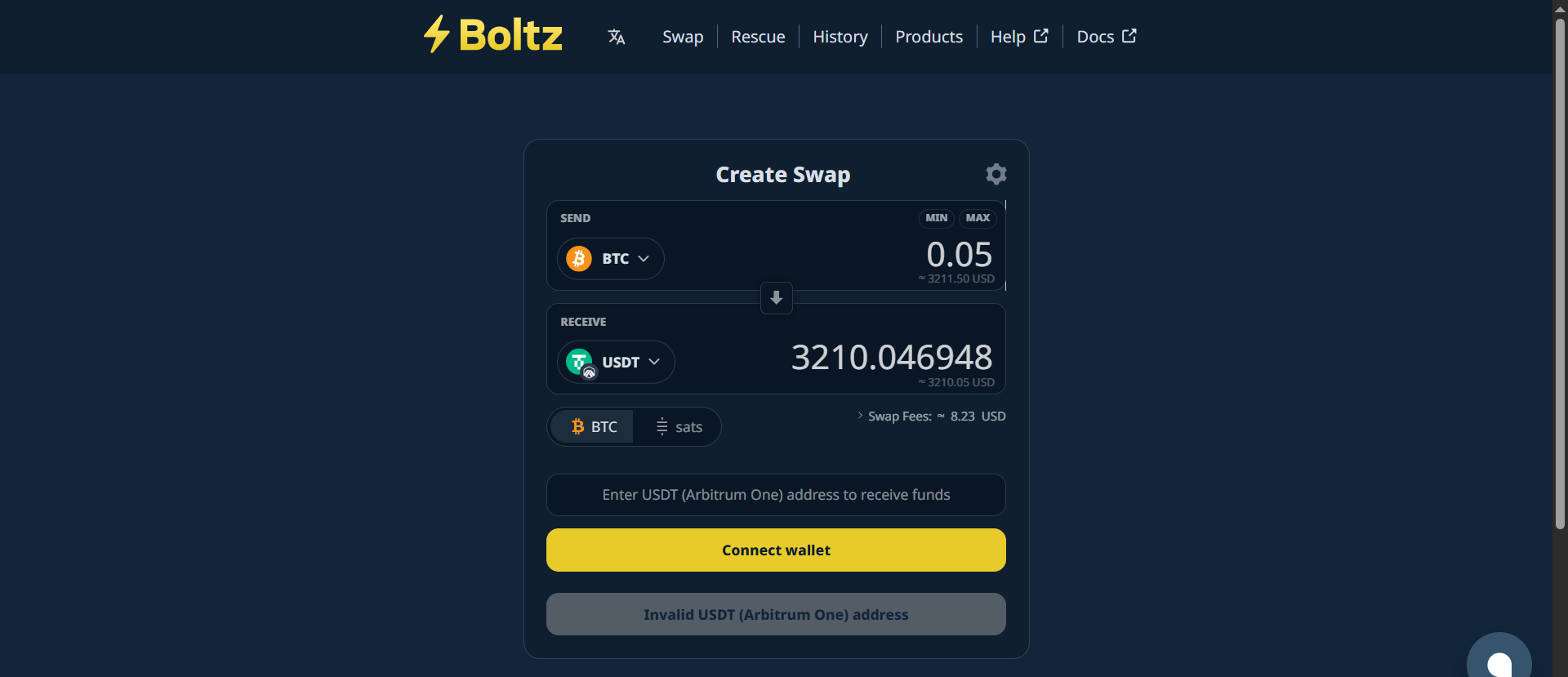 Boltz non-custodial swap interface showing 0.05 BTC to 3,210 USDT atomic swap via Arbitrum One with swap fee of 8.23 USD displayed.