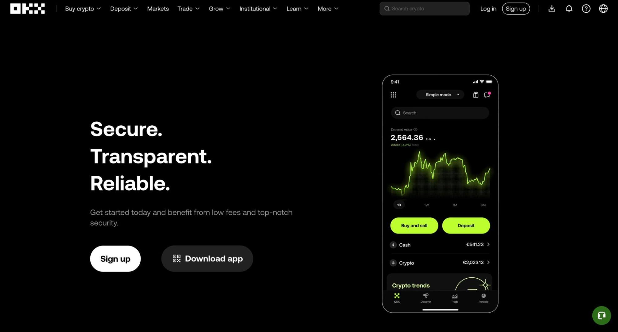OKX crypto exchange homepage showing "Secure. Transparent. Reliable." with a mobile app displaying a €2,564 EUR-denominated portfolio and crypto trend charts — MiCA pre-authorized by Malta's MFSA in January 2025, offering low-fee spot and Web3 trading in Europe
