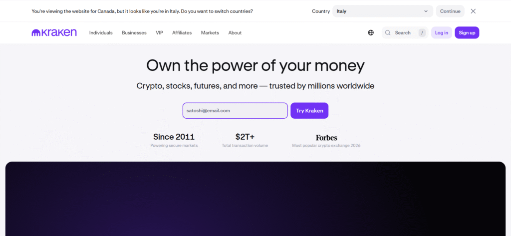 Kraken exchange homepage displaying the sign-up interface, with platform stats showing over $2 trillion in total transaction volume and a Forbes recognition as most popular crypto exchange in 2026.