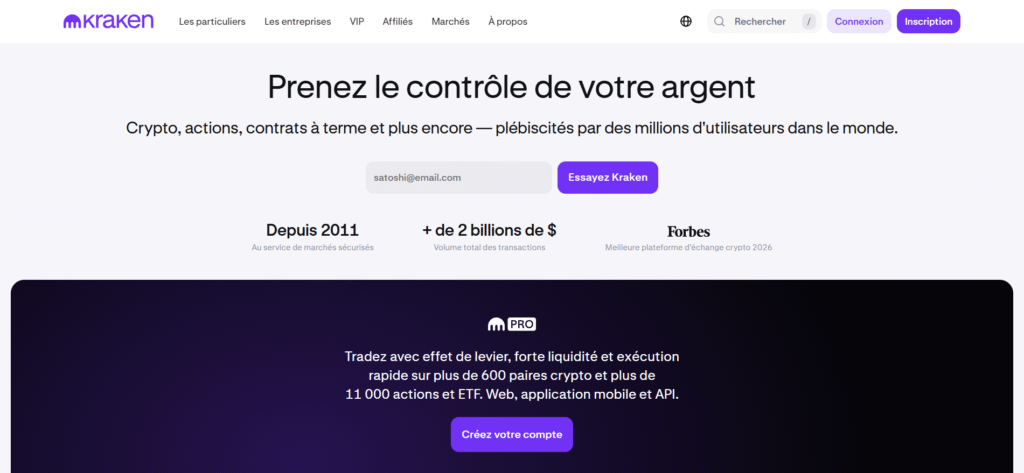 Page d'accueil de Kraken en français — plateforme crypto agréée MiCA, active depuis 2011.