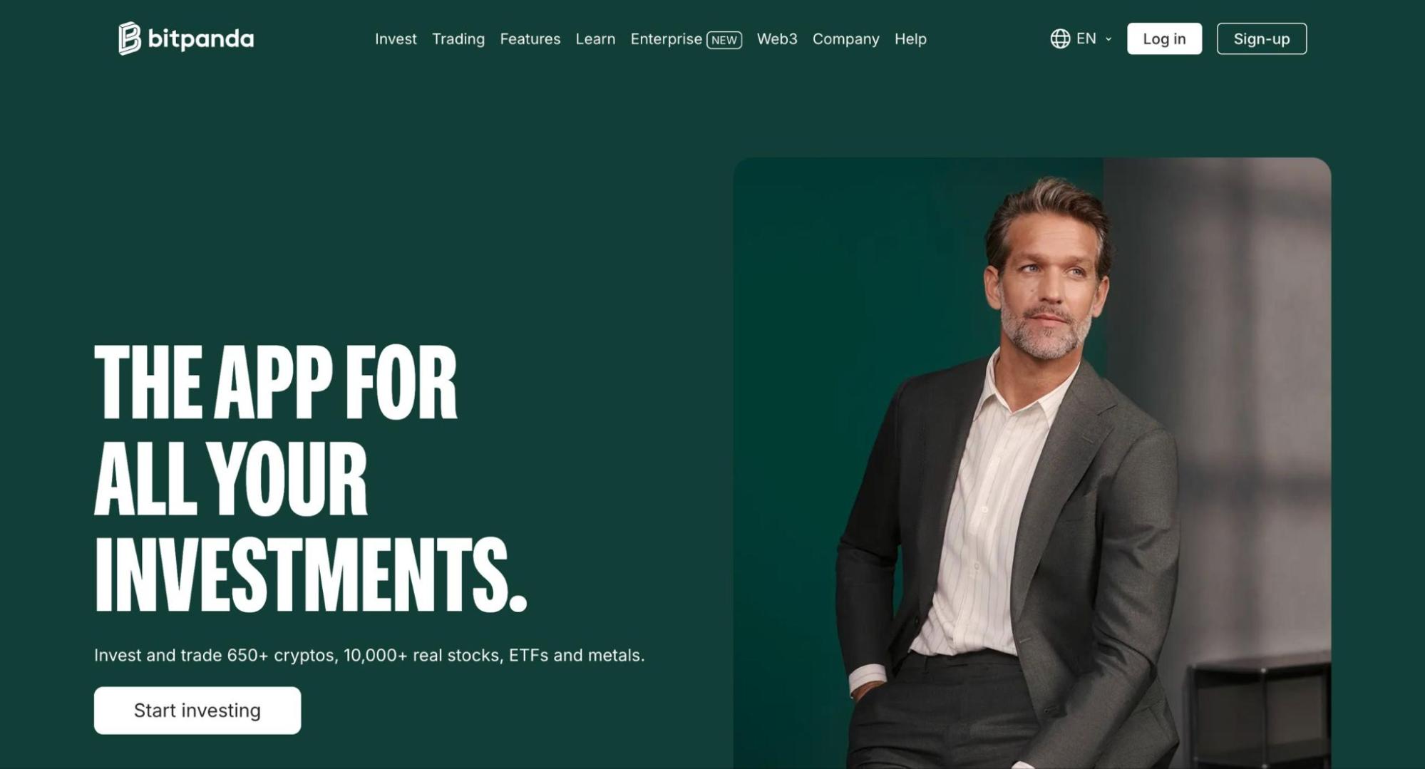 Bitpanda investment platform homepage showing "The app for all your investments" with a product range of 650+ cryptocurrencies, 10,000+ stocks, ETFs and metals — Vienna-based MiCA-licensed crypto and multi-asset exchange for European retail investors