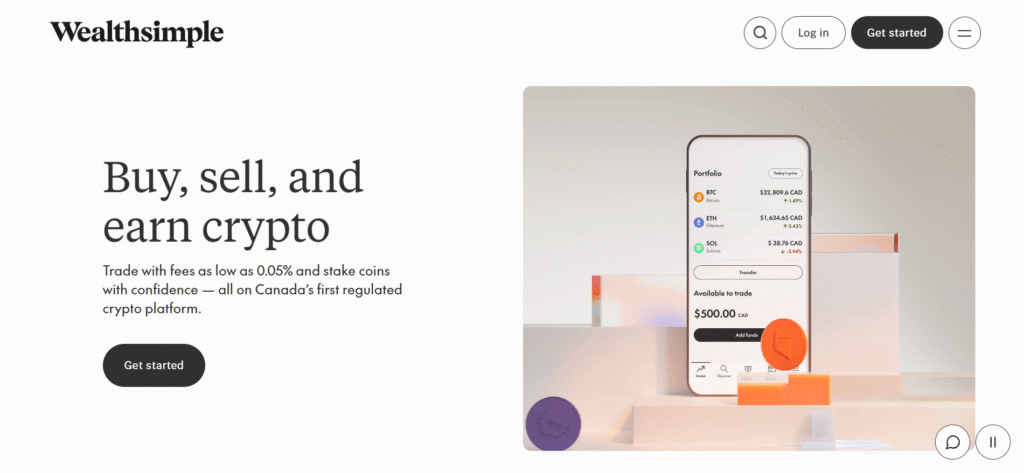 Wealthsimple Crypto mobile interface showing a portfolio with Bitcoin, Ethereum, and Solana balances in Canadian dollars, with the platform describing itself as Canada's first regulated crypto platform.