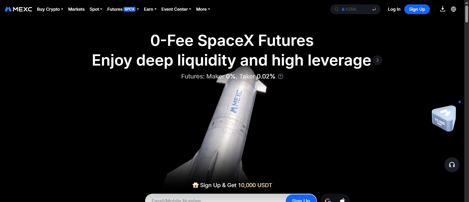 MEXC exchange homepage displaying futures trading promotion with 0% maker fee structure, one of the largest exchanges maintaining Monero XMR pairs after industry-wide delistings.