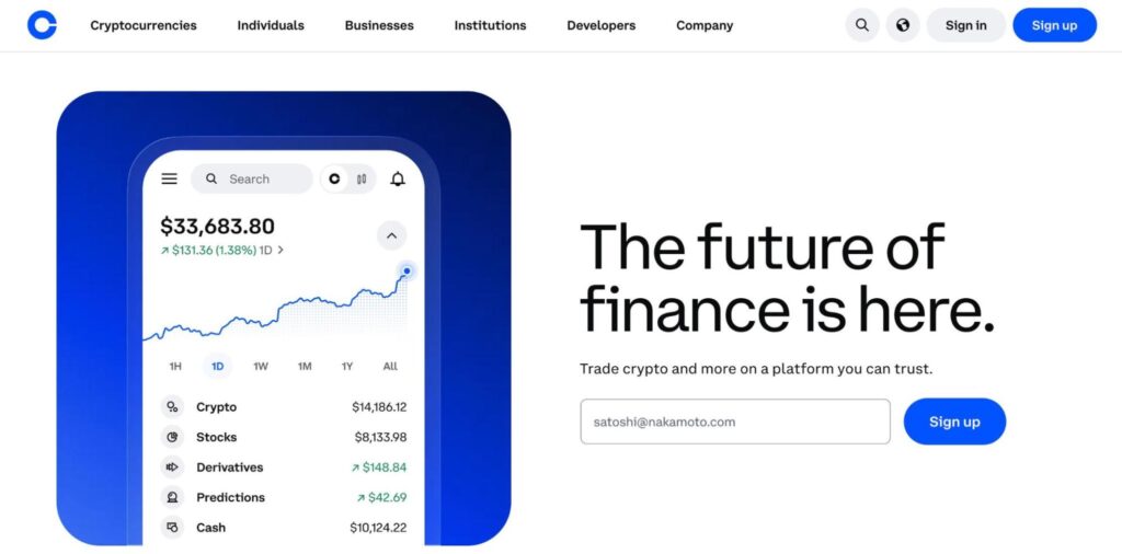 Coinbase exchange homepage showing "The future of finance is here" headline with a mobile app interface displaying a $33,683 portfolio across crypto, stocks, derivatives, and cash — MiCA-licensed custodial crypto exchange for EU retail users