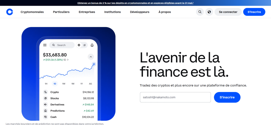 Page d'accueil de Coinbase en français — plateforme crypto agréée MiCA via la Banque centrale d'Irlande.
