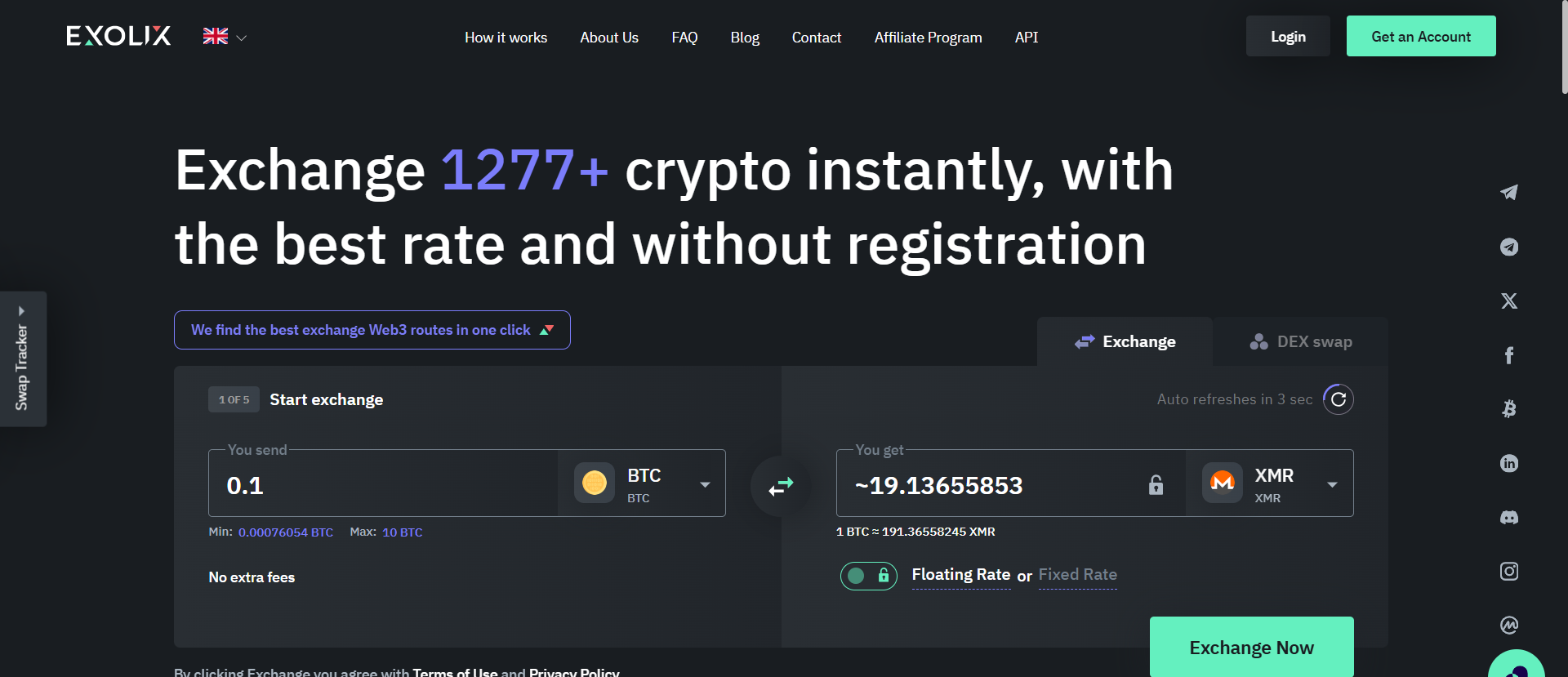 Exolix no-registration crypto swap showing 0.1 BTC converting to 19.13 XMR with floating rate and fixed rate options available.