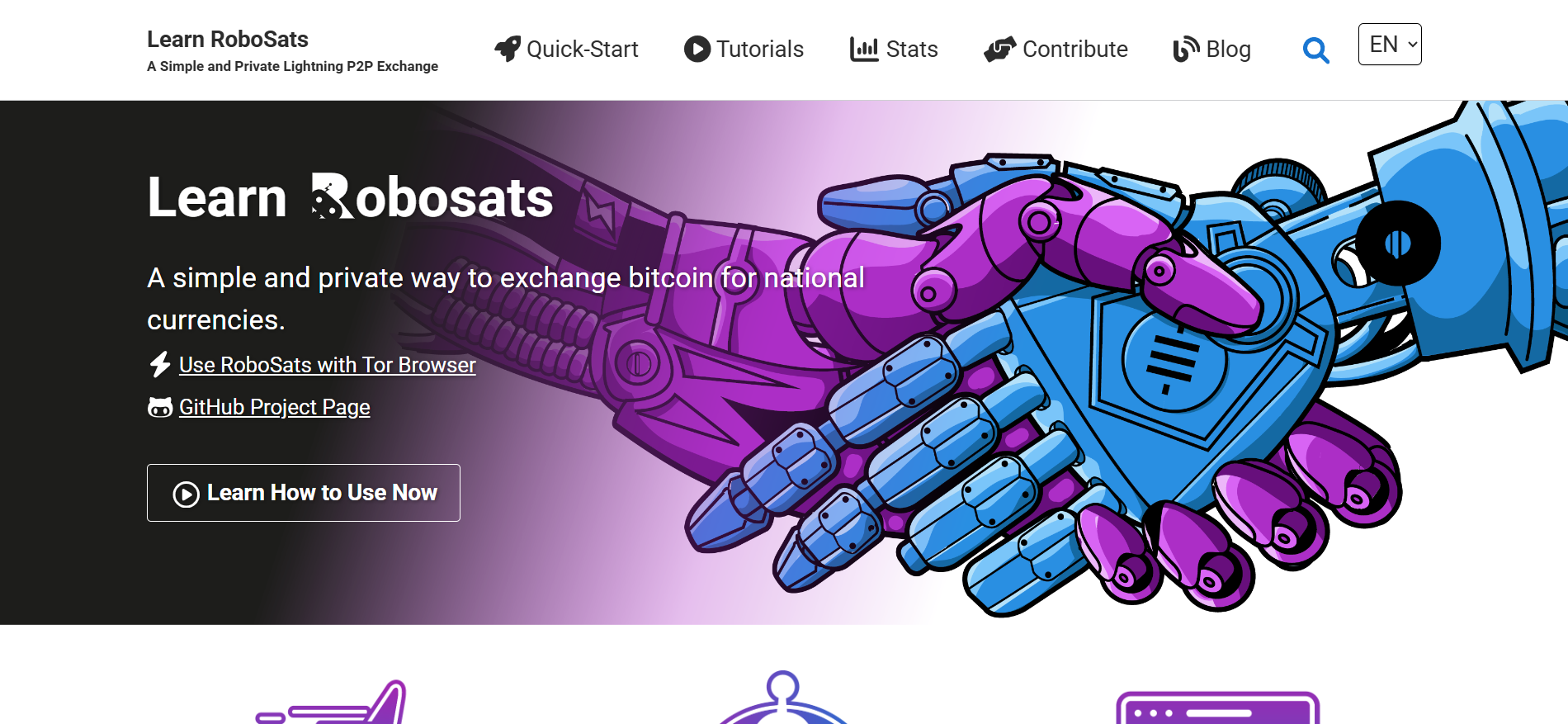 RoboSats Lightning P2P Bitcoin exchange documentation page with robot handshake graphic and link to use the platform via Tor Browser.