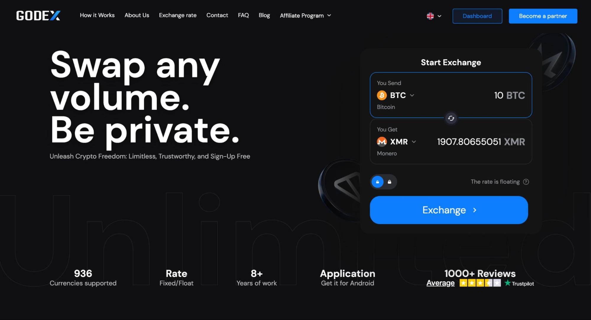 Godex.io homepage showing the instant crypto swap interface with a BTC to XMR exchange in progress — 936 currencies supported, fixed and floating rate options, 8+ years of operation and 1,000+ Trustpilot reviews.
