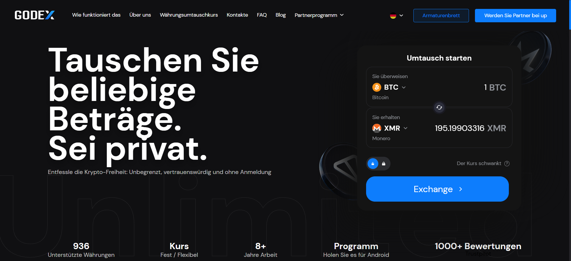 Godex Startseite auf Deutsch: anonymer Krypto-Swap BTC gegen XMR ohne Anmeldung, 936 unterstützte Währungen, fester und flexibler Kurs, kein KYC.